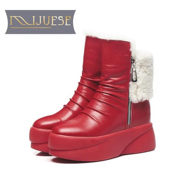 

boots mljuese 2021 women ankle cow leather zippers red color platform winter wool warm snow party wedding dress, Black
