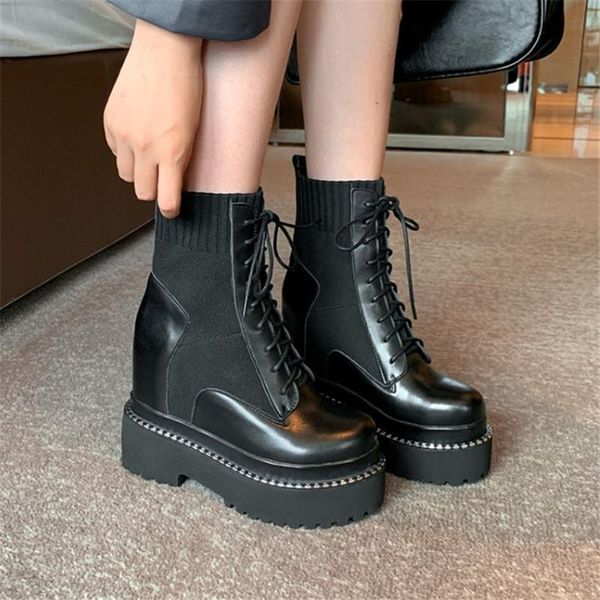 

boots pxelena 2021 autumn women punk rock gothic lace up genuine leather+knitting creepers hidden wedge high heels shoes 34-41, Black