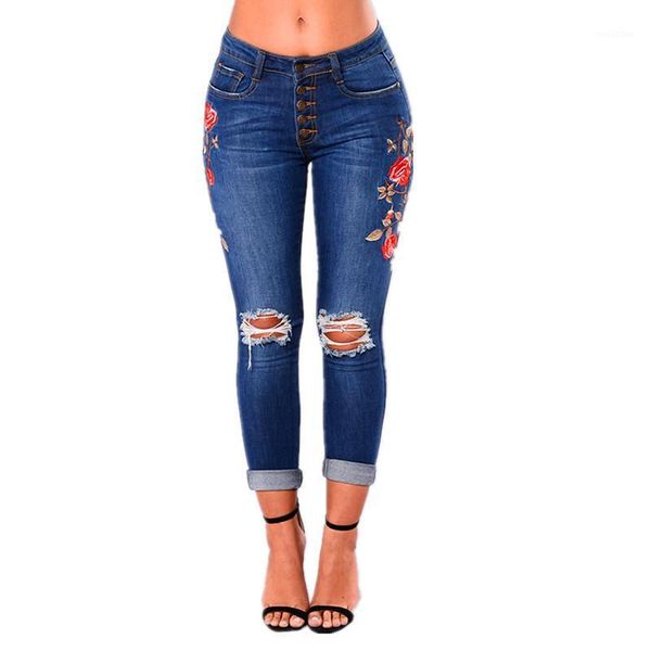 

fashion chic embroidery flower jeans new stretchy woman denim pants shredded slim women jeans plus 3xl size1, Blue