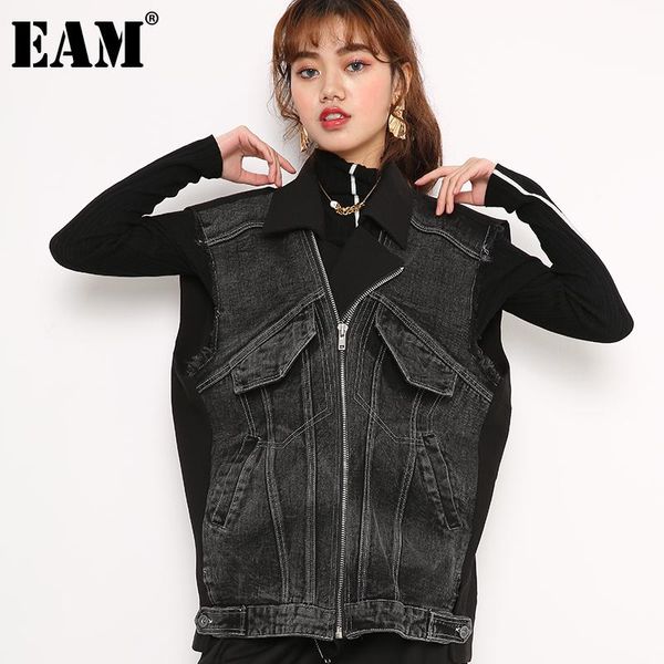 

eam] женщины свободные fit denim черный толстый теплый длинный прохладный жилет новый отворот без рукавов моды без рукавов прилив осень зим, Black;white