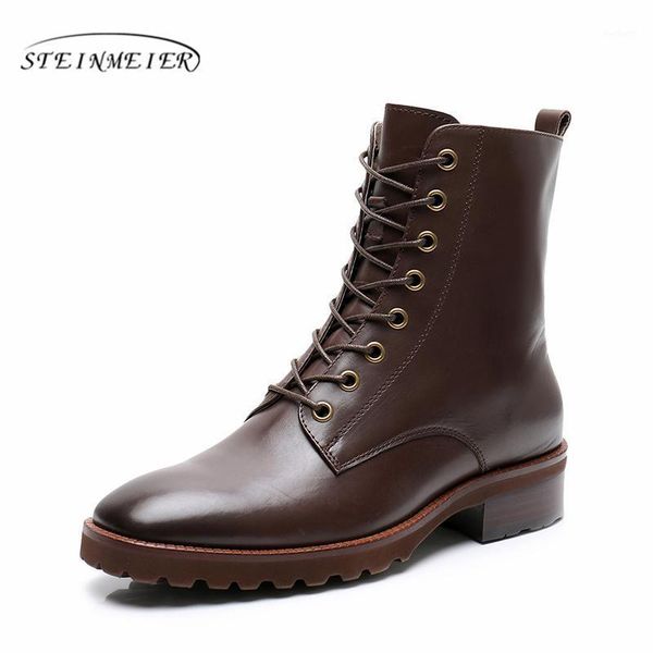 

yinzo winter boots women genuine leather ankle ladies cross-tied short boots round toe zip shoes 2020 brown for woman1, Black