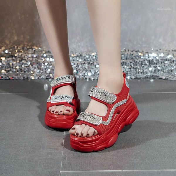 

sandals shiny crystal open toe thick sole mesh black white casual platform wedge summer fashion beach shoes 20211