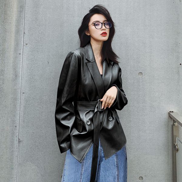 

2021 new leather of female plutonium beautiful korean spring loose locomotive mid-length solid suit 8v jacket kj3w, Black
