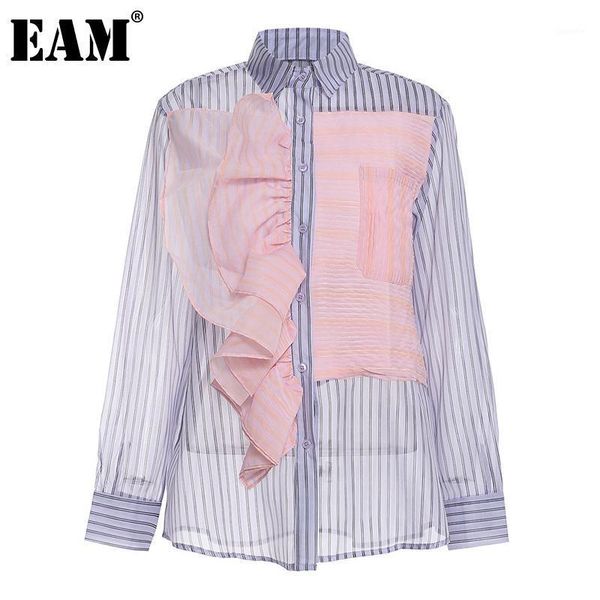 

eam] women purple striped ruffles big size blouse new lapel long sleeve loose fit shirt fashion tide spring autumn 2021 1da8331, White
