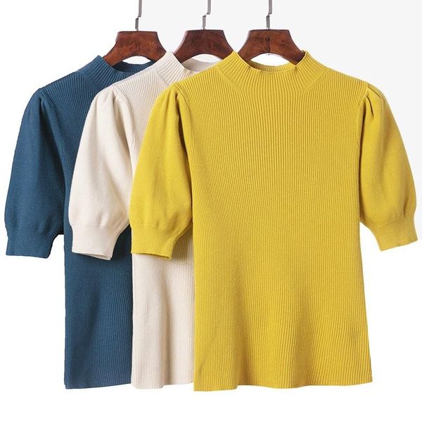 

gkfnmt sweater women pullover knitted spring autumn soft 2021 half sleeve casual solid sweater apricot yellow blue black, White;black