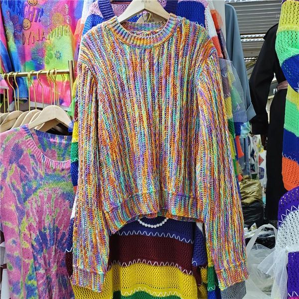 

ewq] 2020 autumn new ladies fashion pullover lazy hit color rainbow round neck long sleeve sweater short 16q4221, White;black