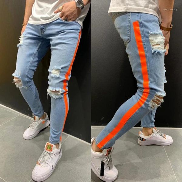 

mens skinny jeans side stripe men's ripped pencil pants 2019 casual mid waist denim trousers for male washed jeans men jean d251, Blue