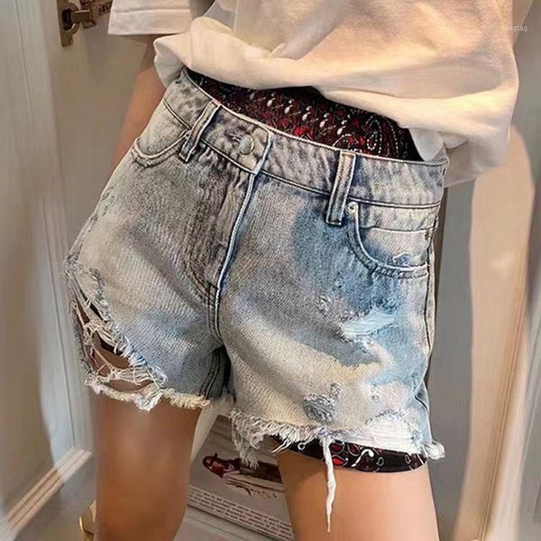 

casual patchwork print women shorts high waist vintage ripped hole tassel asymmetrical short pants for female tide1, White;black