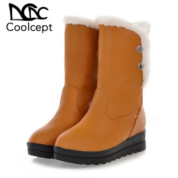 

coolcept 4 color new women mid calf boots winter keep warm snow boots plush flats shoes outdoor women footwear size 34-42, Black
