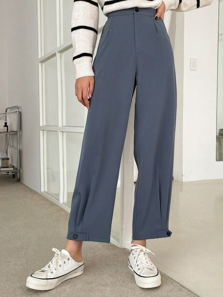 

dazy fold pleated button hem pants u5g2#, Black;white