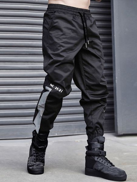 

men letter graphic contrast panel drawstring waist pants c9si#, Black