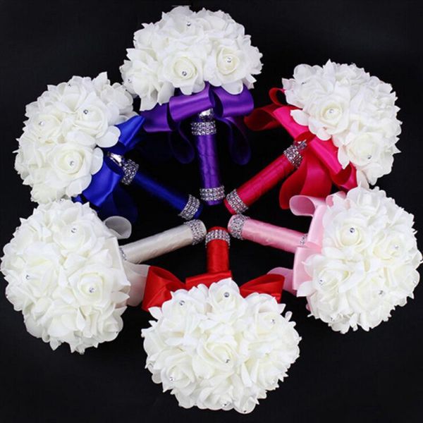 

bridal bridesmaid flower wedding bouquet artificial flower rose bouquet crystal bridal bouquets ribbon foam flowers rose