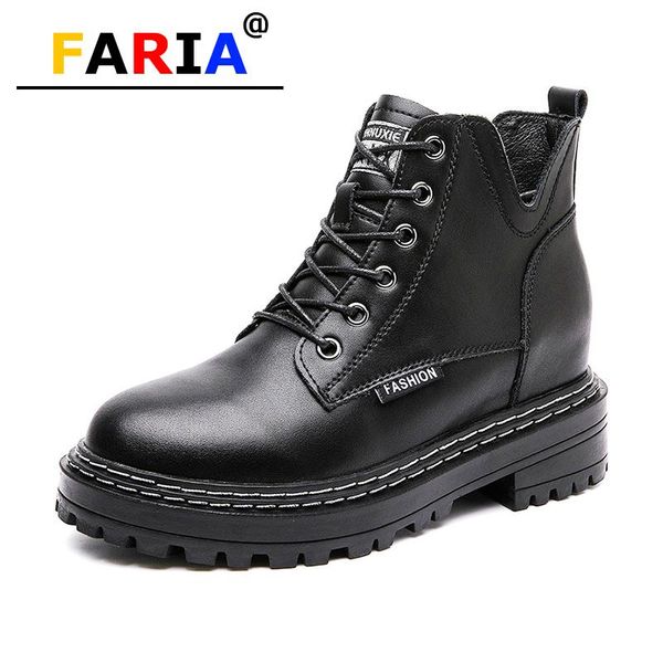 

2020 new height increasing super high 7cm heel genuine leather boots platform ankle black lace-up spring/autumn fashion shoes