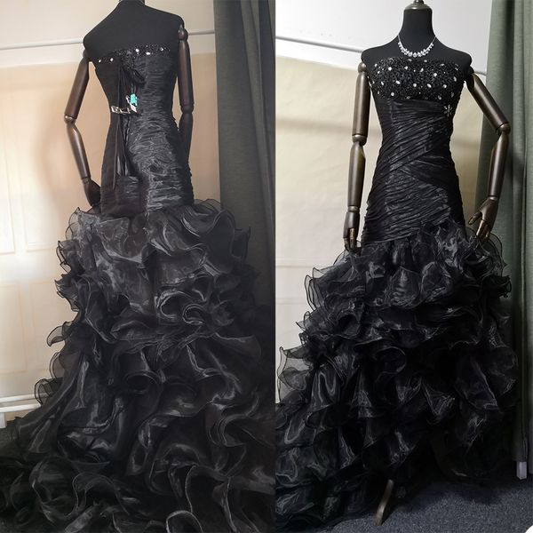 

elegant black garden wedding dress strapless tiers ruffle bridal gowns a line ruched robe de mariée custom made, White