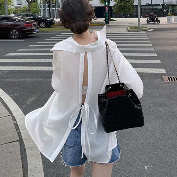 

sunscreen white shirt women's back split strap hallow out loose lazy ladies blouse1