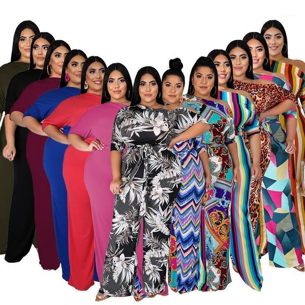 

2020 autumn new women multicolor striped printing big size jumpsuits lady's slash neck lace-up half sleeve straight rompers1, Black;white