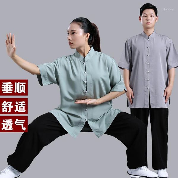 

yoga outfits summer women men tai chi set silk cotton loose sweatshirt+pant jogger fitness gym casual martial arts kugnfu activewear1, White;red