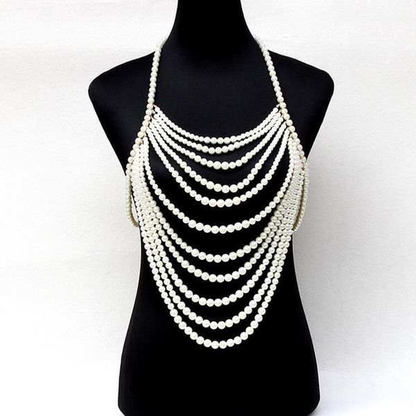 

women multi layer pearl chain tassel beaded harness necklace halter wedding bridal body jewelry body chains t200508, Silver