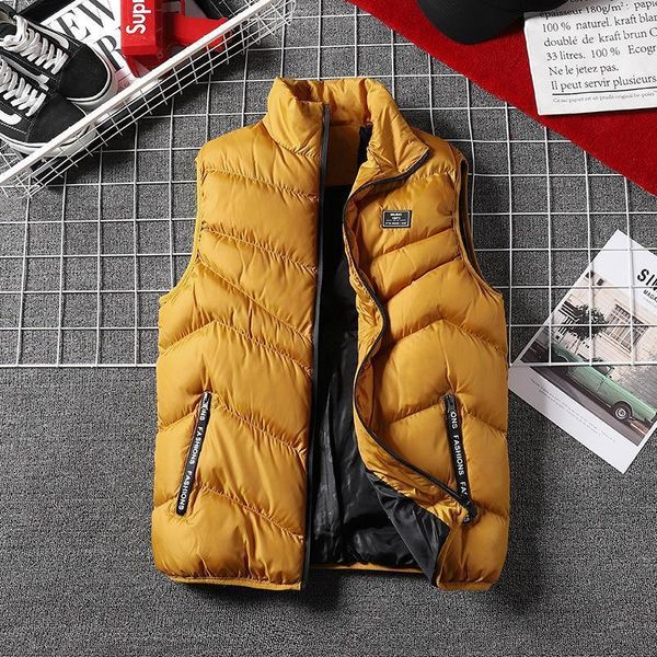 

autumn winter men's parka sleeveless stand collar zipper pocket solid vest casual fashion thick warm joker male outdoor jacket1, Black