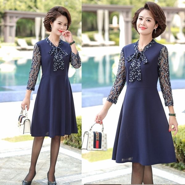 

8uzaz middle-aged mother autumn dressbow for women 2020 new autumn and middle-aged clothes elderly western style dress dressbutterfly long-s, Black;gray