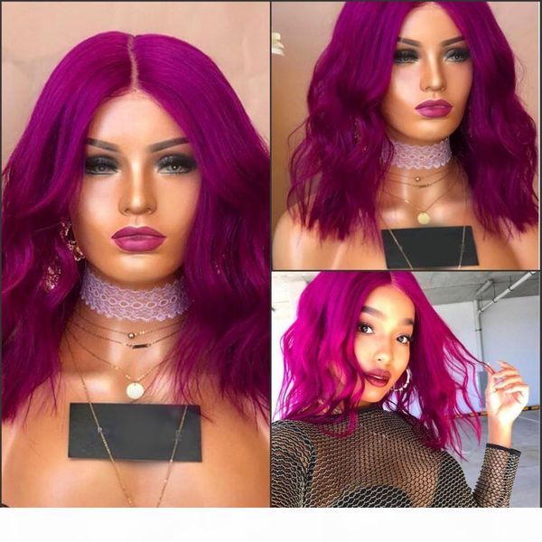 

new deep part brazilian hair purple short wavy bob wigs high temperature fiber rose red synthetic lace front wig for white women, Black