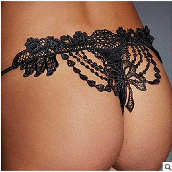 

special water soluble lace beads double side strap hollow out women's low waist underwear, Black;pink