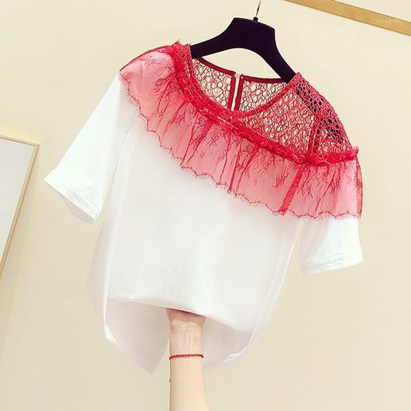 

summer t women new korean style lace hollow lotus edge stitching round neck short sleeve shirt women's leisure blouse1, White