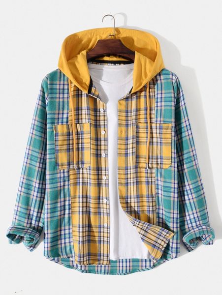 

men 1pc tartan drawstring hooded shirt f6hx#, White;black