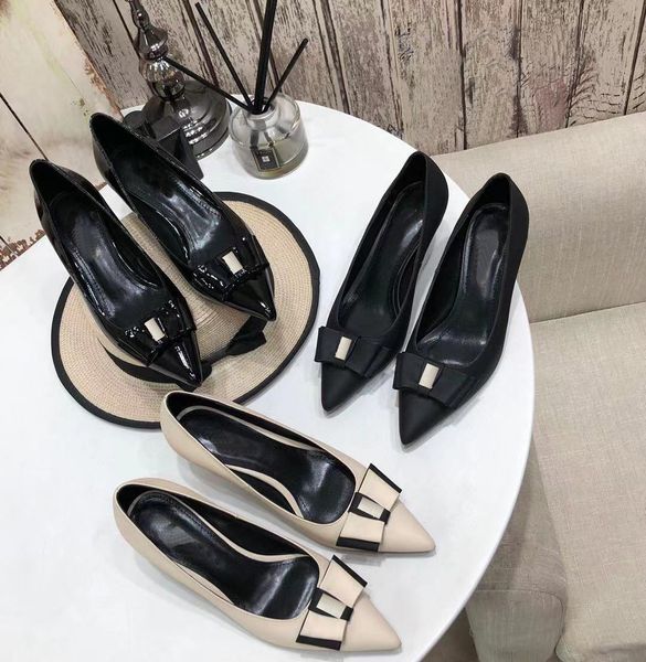 

platform luxury designer womens formal shoes fashion pointed leather middle heel patent summer elegant metal button original box size 35-41, Black