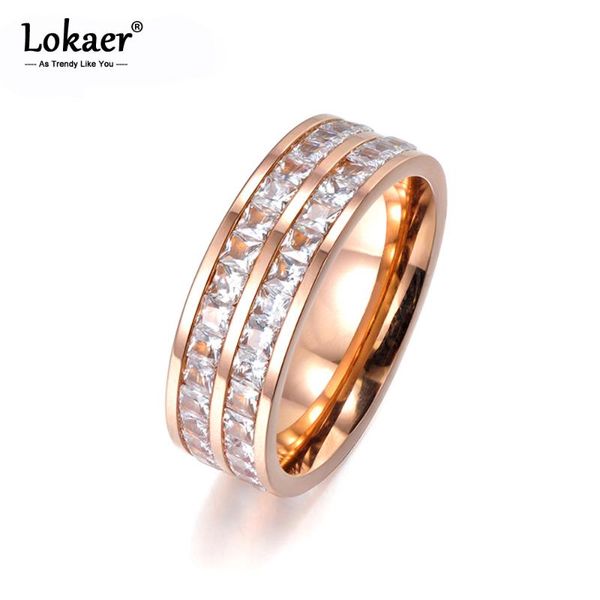 

wedding rings lokaer simple design pave two row clear cubic zirconia rose gold color titanium steel anniversary for women r17050, Slivery;golden