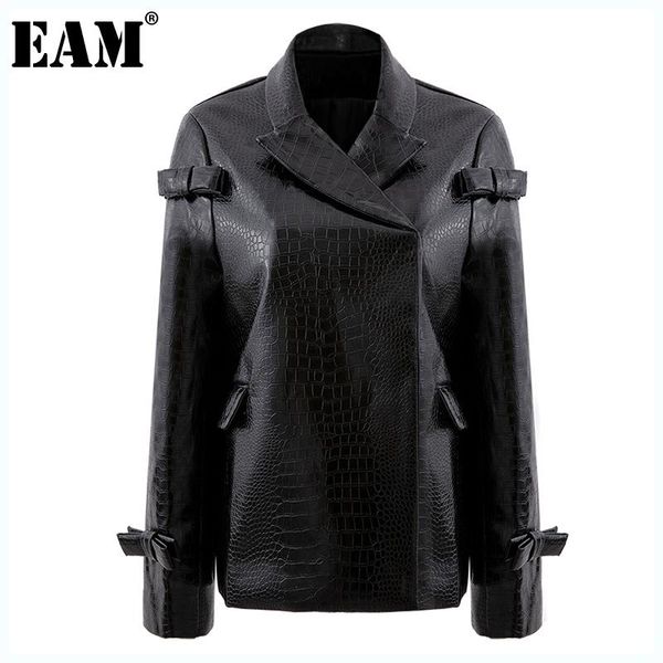 

women's suits & blazers [eam] women bow black pu leather blazer lapel long sleeve loose fit jacket fashion tide spring autumn 2021 1dd1, White;black