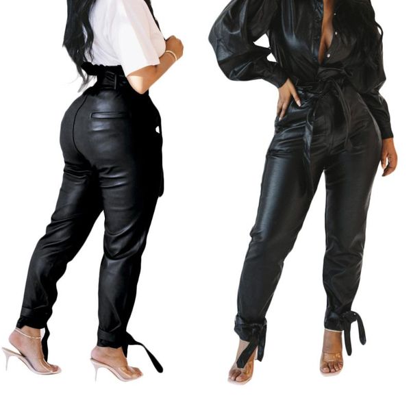 

28s3878 autumn winter women outdoor casual cool solid bandage leather pants hot, Black;white