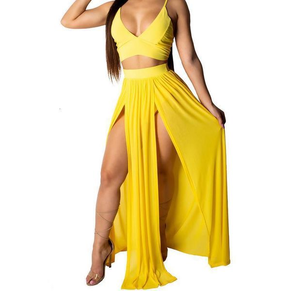 

summer beach women deep v party dress long skirt crop two piece set, Gray