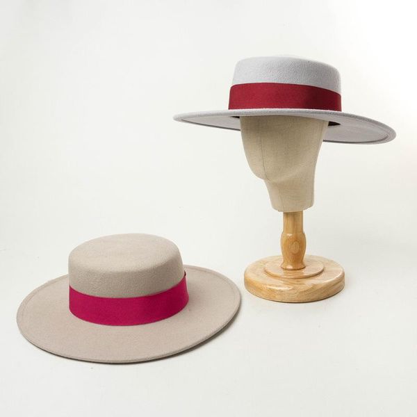 

stingy brim hats fashion casual woolen cloth children's ribbon flat hat shopping tourism style felt, Blue;gray