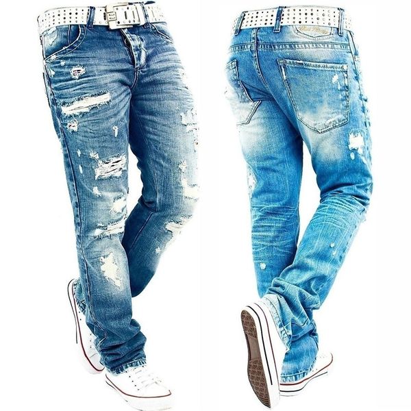 

new men's streetwear ripped skinny jeans distressed destroyed slim fit jeans homme hip hop broken hole stretch biker jeans pants 201120, Blue