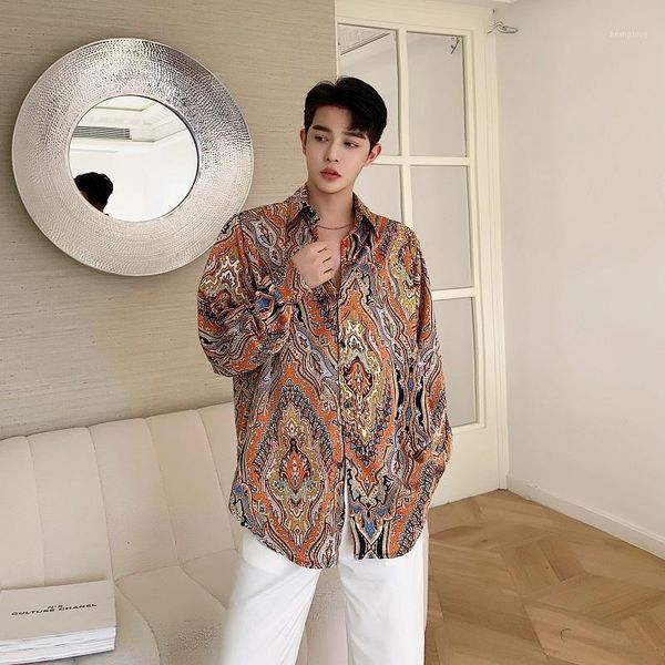 

new male japan korea street shirt men vintage pattern print casual loose long sleeve shirt1, White;black