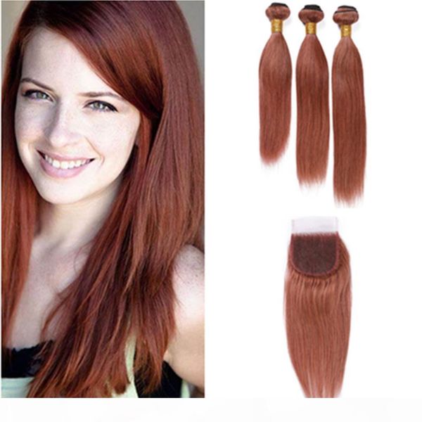 

copper red virgin hair closure with bundles #33 dark auburn peruvian straight human hair weaves reddish brown 3 bundles with lace closure, Black