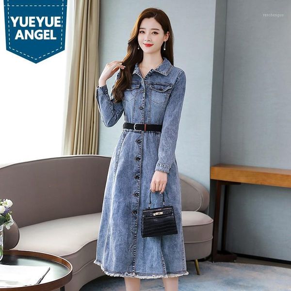 

2020 autumn new women mid calf long dress vintage office ladies belted slim fit long sleeve tassels single breasted denim dress1, Black;gray