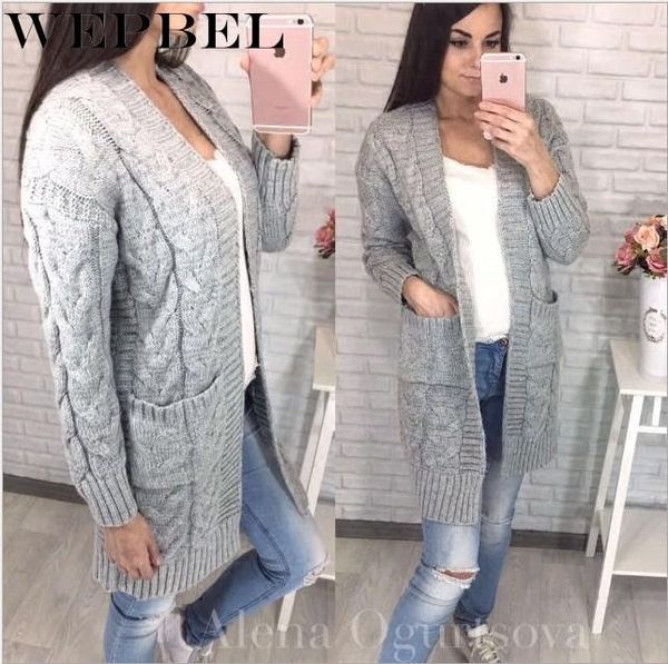 

wepbel women's casual long sleeve loose pocket coat sweater autumn and winter knitted fashion solid color cardigan sweater1, White