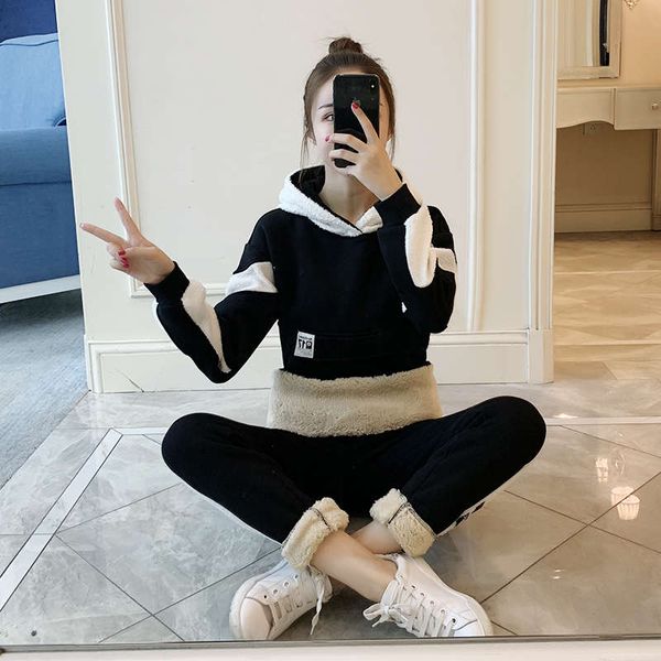 

vipcashmere sportswear women's autumn and winter plush fashion large casual sweater running suit two piece set, Gray