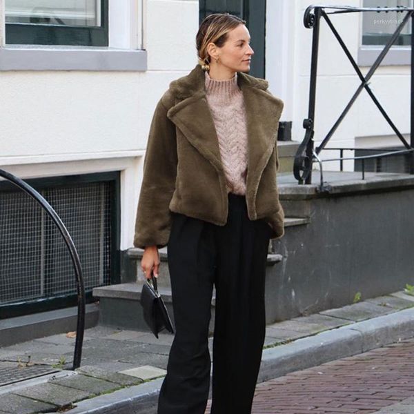 

women's fur & faux 2021 winter women lapel coat long sleeve solid color pockets female short jackets plus size clothes1, Black