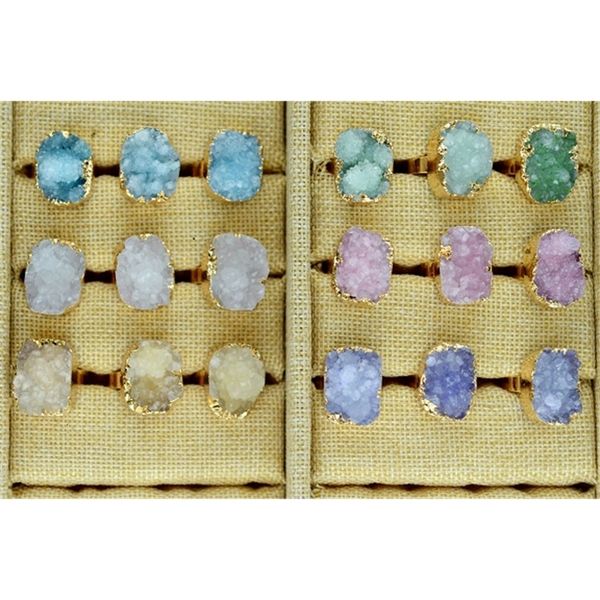 

factory3uzgquartz gemstone women crystal natural druzy green rose raw stone female vintage wedding rings, Golden;silver