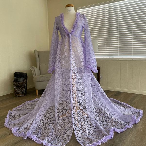 

chic light purple illusion women nightrobes tiered ruffles lace ladies sleepwear bathrobe plus size prom party shower dress, White