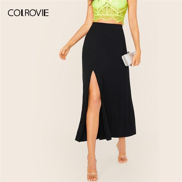 

colrovie black rib-knit slit side skirt women 2020 fashion fall ladies casual long skirt stretchy solid high waist skirts1