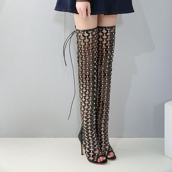 

over the knee boots hollow sandals boots gladiator high heels rivet night club high fashion tassel lace up party shoes, Black