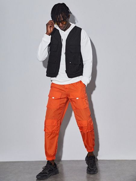 

men flap pocket drawstring waist pants v9fb#, Black
