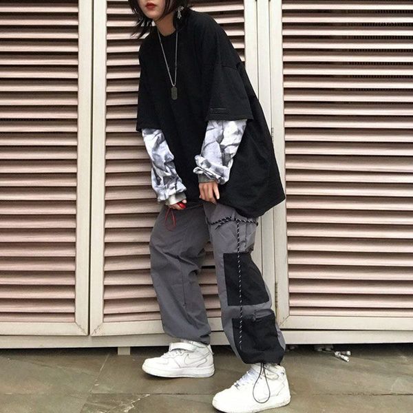 

harajuku streetwear korean woman men's hip hop harem cargo string leg strap pocket jogger pant techwear japanese punk summer new1, Black
