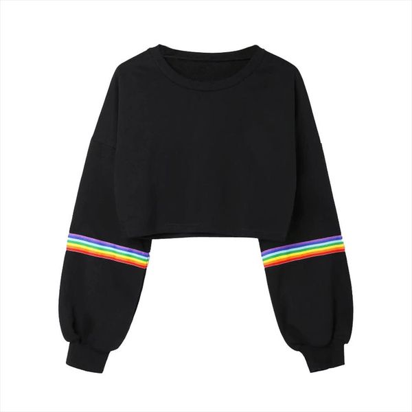 

black rainbow striped patchwork hoodie o neck long sleeve casual short sweatshirt fashion womens pullover harajuku y3