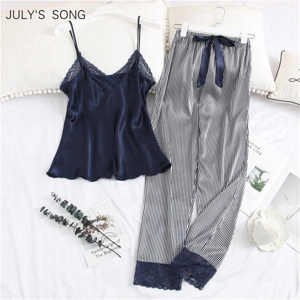 

july's song 2 piece woman pajamas set sling stain long pants silk sleepwear woman pink strap sling summer pyjama y200708, Black;red