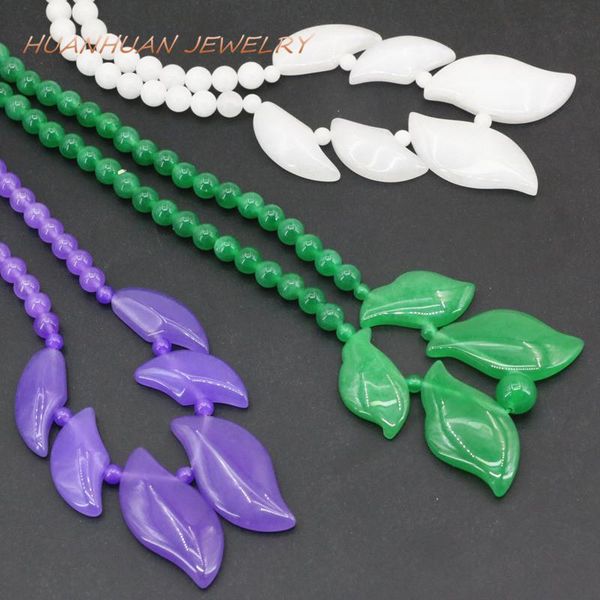 

women 28-37mm leaf long necklace & pendant natural stone jades 6mm round beads pendant chain chalcedony diy jewelry 18inch b3393, Silver